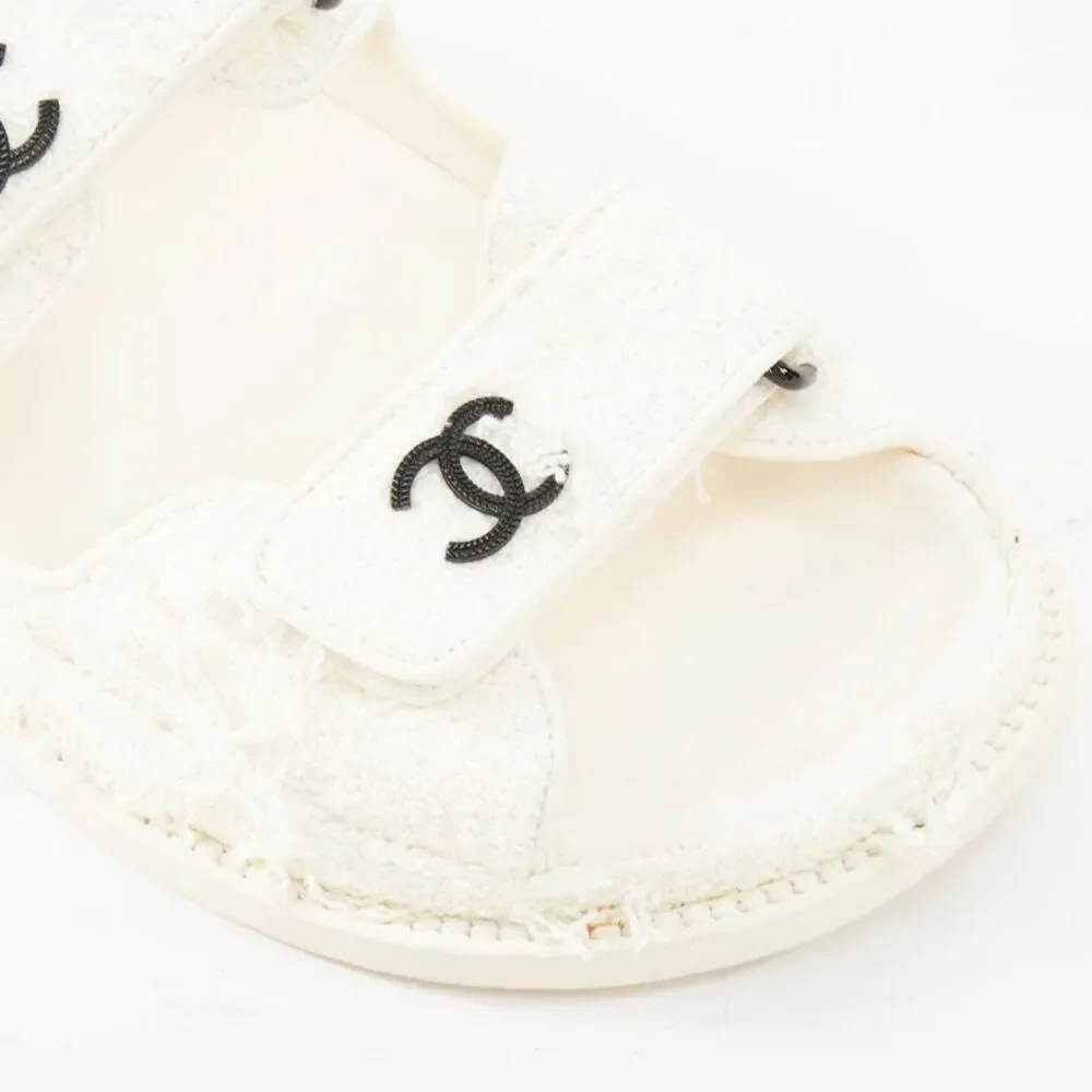 Chanel 2021 White Tweed Dad Sandals